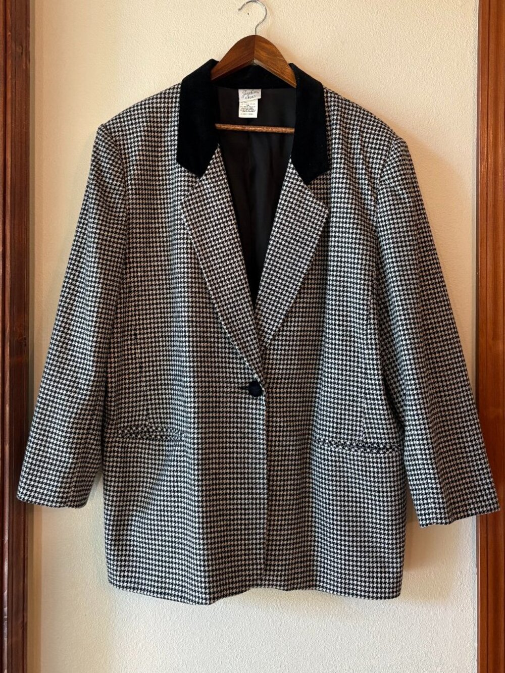 EUC Vintage 80s Black White Houndstooth Blazer Wool Blend Pockets Plus Size 20